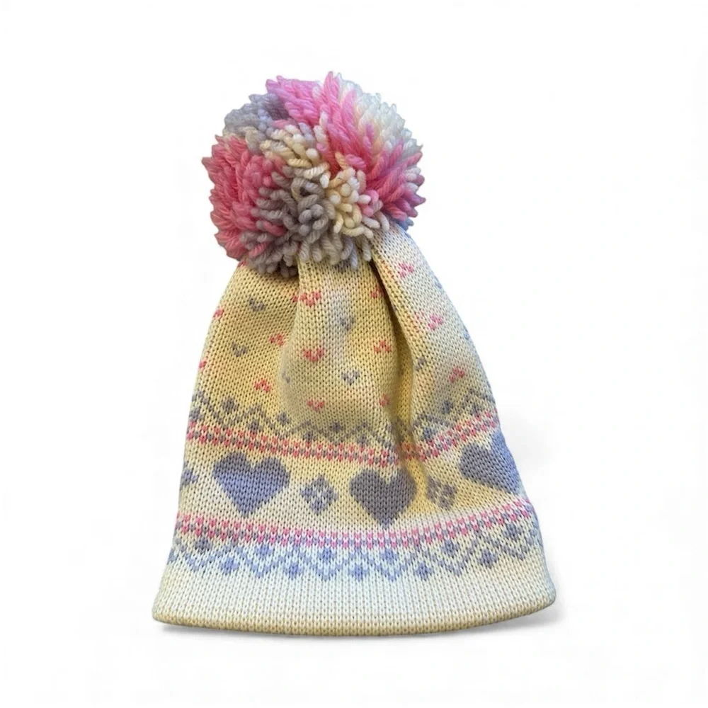 Vintage Smiley Wool Girls Purple Pink Heart Pom Pom Beanie Hat Made in USA